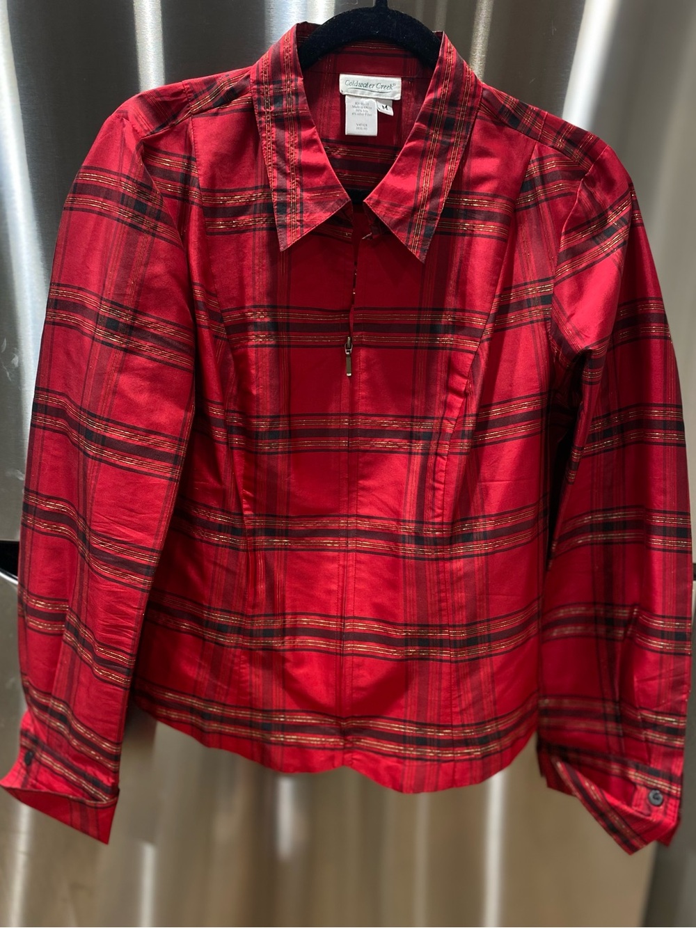 Woman’s 96% silk Coldwater Creek Red Plaid Zip-Front Shirt Jacket size M